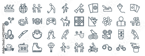 set of 40 flat outdoor activities web icons in line style such as travelling, yarn ball, yoyo, brewing, boy reading, baccarat, repairing icons for report, presentation, diagram, web design