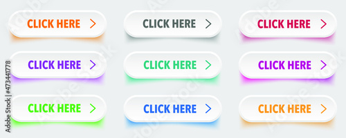 Click here button with arrow pointer clicking icon. Click here vector web button. Web button with action of arrow pointer. Click here, UI button concept. Vector illustration