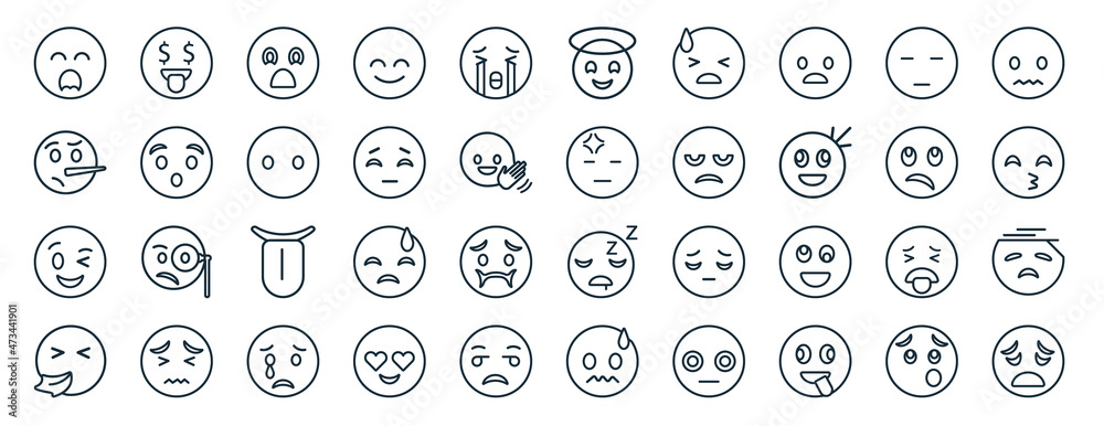 set of 40 flat emoji web icons in line style such as rich emoji, lying emoji, wink sneezing sceptic silent smiling with halo icons for report, presentation, diagram, web design