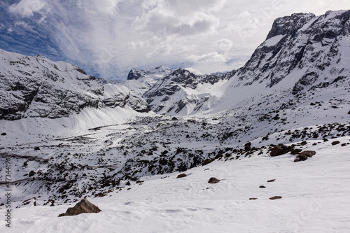Snowed mountains in La Egorda Valley, Cajón del Maipo, central Andes mountain range, Chile