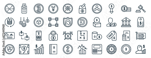set of 40 flat economyandfinance web icons in line style such as cash hine, currency circulate, crypto hash rate, peer to peer, banking, auction hammer, donation icons for report, presentation,