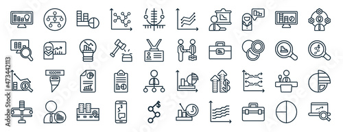 set of 40 flat analytics web icons in line style such as hierarchy, database analysing, dollar analysis bars, variety, analysis, business skills, speech icons for report, presentation, diagram, web