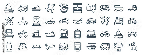 set of 40 flat transportation web icons in line style such as camper car, kayak, off road, tramway, train, flatbed lorry, chairlift icons for report, presentation, diagram, web design