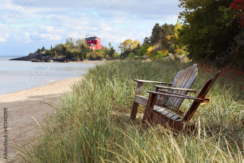 Adirondack chairs on the shore of Lake Superior in Marquette, Michigan