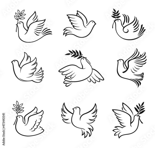 Christmas dove. Vector silhouettes of Christmas dove, bird of peace, hope and love. Xmas holiday pigeon birds with olive branches, Christian religion X-mas holiday symbol