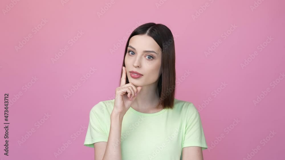 Lady look copyspace decide intelligent thoughts isolated pink color background Lady look copyspace decide intelligent thoughts isolated pink color background
