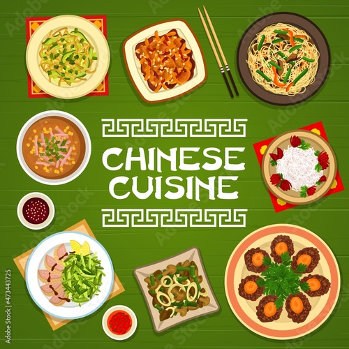Chinese cuisine food, Asian restaurant menu cover with China traditional dishes and meals. World cuisines and cooking recipes of Chinese food, national Peking duck, noodles, beans and chicken