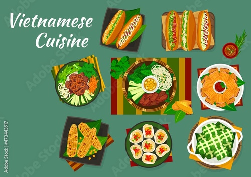 Vietnamese food dishes of Asian cuisine with vector vegetable, meat and seafood sandwiches. Rice pork cake, beef noodle salad, grilled meatballs and corn cobs, rice chips and fried shrimp rolls