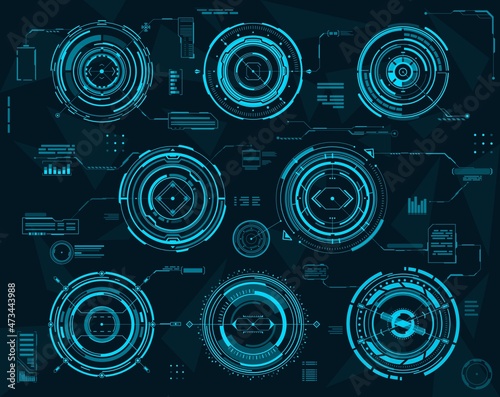 HUD futuristic infographic circular interface vector elements, business visual data. HUD UI with digital graphs and chart diagrams, future technology info screen or virtual display dashboard panel