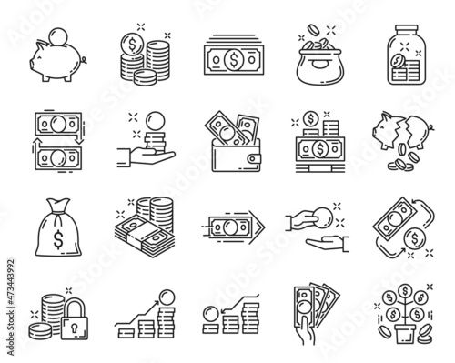 Cash money and coins icons, payment or credit and wallet exchange, business and savings, vector. Dollar money, cash currency and bank credit card symbols, financial pictograms of hand and salary