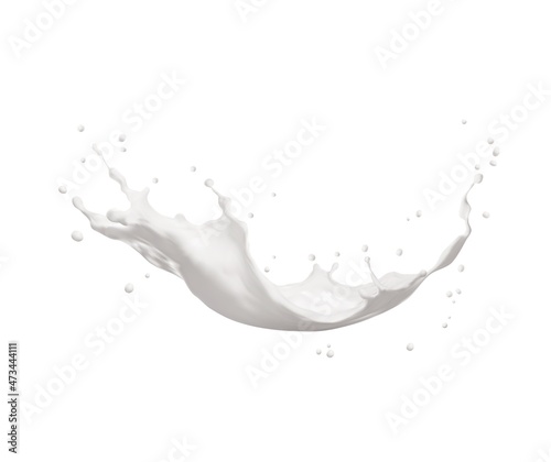 White milk wave splash with splatters and drops. Isolated liquid dynamic motion with scatter droplets, pouring dairy product. Element for package design, promo ad, Realistic 3d vector illustration
