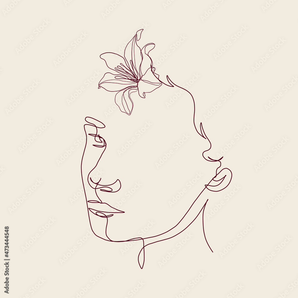 One continuous line portrait of woman with flower. Hand drawn linear face. Abstract minimalism style. Beauty and fashion. Vector decoration design for card, t-shirt, tattoo, poster. One continuous line portrait of woman with flower. Hand drawn linear face. Abstract minimalism style. Beauty and fashion. Vector decoration design for card, t-shirt, tattoo, poster.