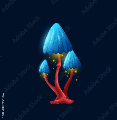 Fantasy magic mushroom with umbrella cap, fairy toxic toadstool, vector cartoon icon. Luminous fairy tale mushroom amanita with acid or neon blue caps and poisonous golden spores or liquid drips