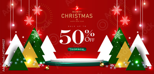 Christmas sale banner. Product display concept. Red background decor with 3d podium, trees paper style, ornaments Xmas. Studio platform. Vector illustration.