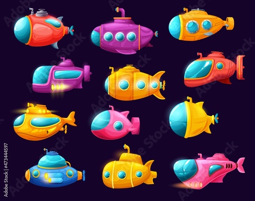 Cartoon underwater submarine with periscope, vector deep ocean or sea subs. Cute underwater boats, ships, bathyscaphes and submersibles, isolated marine watercrafts with portholes, propellers