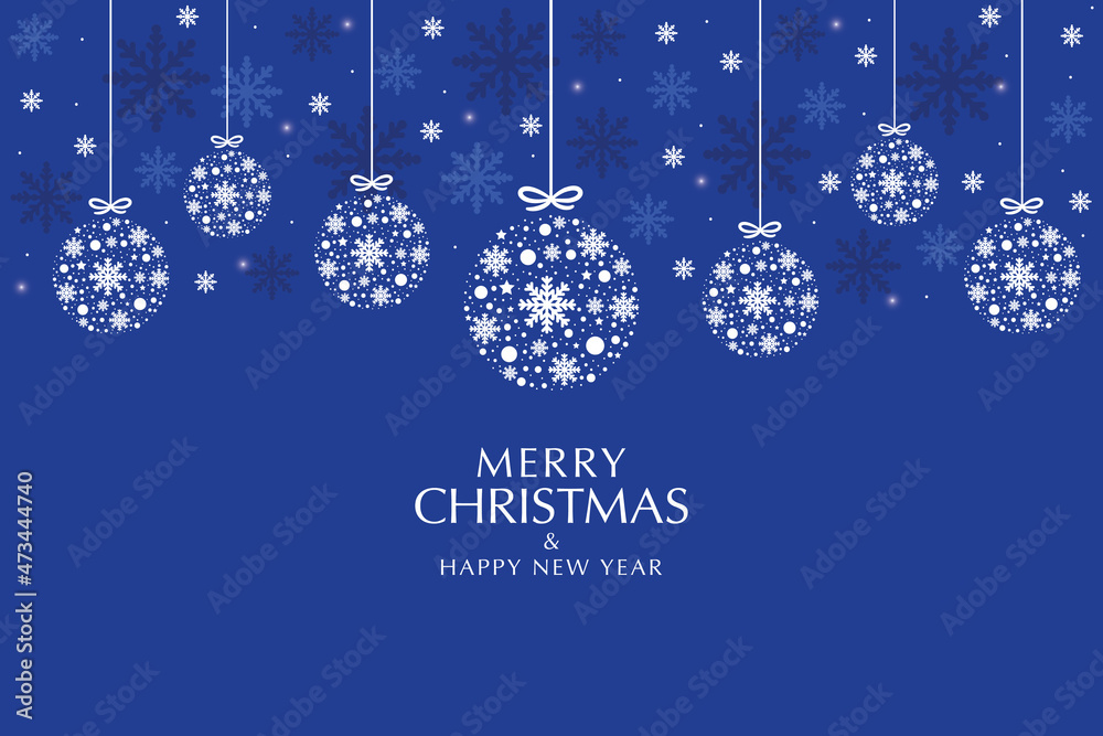 Vector of Christmas greeting card with balls hanging on blue xmas background.