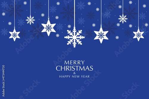 Merry Christmas greeting card, design of xmas with snowflakes hanging on christmas blue background.