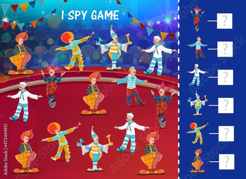Kids I spy game with shapito circus clowns and performers, vector cartoon riddle. Kids tabletop puzzle or I spy game with funfair carnival clowns and jesters on unicycle on circus stage