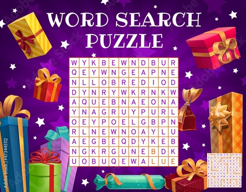 Birthday and Christmas holiday gifts and presents, vector word search puzzle game worksheet. Kids quiz grid to search and find word with color of Xmas gifts and boxes in presents in wrappers