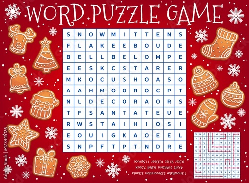 Christmas gingerbread cookies, word search puzzle game worksheet, vector kids quiz grid. Puzzle riddle to find cross word of cartoon Christmas ginger cookies of Santa, Xmas tree and snowflake and deer