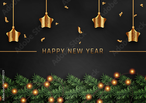 Merry Christmas greeting banner with Christmas decor fir twigs, star and confetti with black background