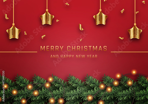 Merry Christmas greeting banner with Christmas decor fir twigs and confetti with red background 