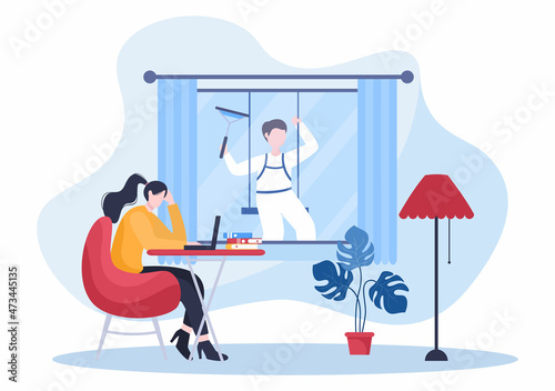 Cleaning Service Company flat Design Illustration. People Clean Wall Windows or Sweeping the Whole Room with a tool for Background, Banner and Poster