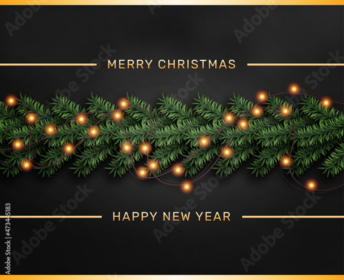 Merry Christmas greeting banner with Christmas decor fir twigs and confetti with black background 