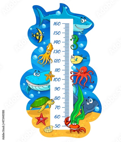 Kids height chart with cartoon sea animals and fish. Vector growth meter ruler or children stadiometer with ocean shark, octopus and whale, crab and fugu fish, squid, seahorse and hammerhead shark