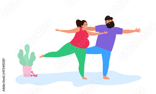 pregnant woman and man doing yoga stretching exercise together vector illustration