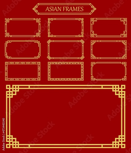 Asian frames and borders, korean, chinese and japanese embellishment. Vector golden frames with traditional asia knot ornament or pattern. Oriental graphic vintage gold border on red background