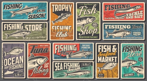Tela Ocean fishing club, seafood shop and market retro posters