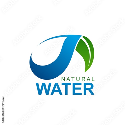 Natural water vector icon with dripping green leaf. Eco nature plant with blue drop of ocean or sea water, rain splash or dew isolated abstract symbol of environment, ecology and clean drinking water