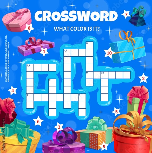 Christmas gifts and present boxes crossword puzzle worksheet, vector find a word quiz. Kids game in cross words riddle to guess colors of Xmas holiday or new year gifts in wrappers with ribbons