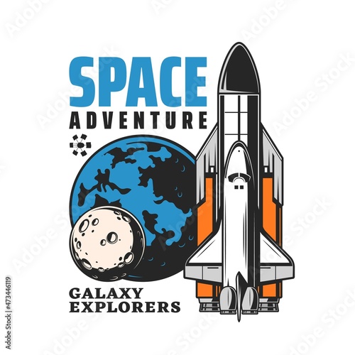 Space shuttle and spaceship vector icon of space adventure and galaxy exploration. Isolated Earth and Moon universe planets with carrier rocket and satellite, astronomy science emblem or symbol design