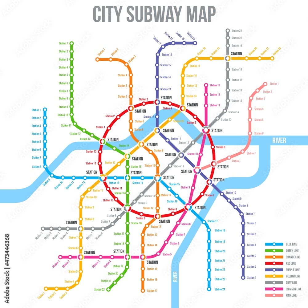 Subway, metro or underground map, city urban railway station lines, vector transport scheme. Subway or metro tube and railway train routes plan for public transport network map template