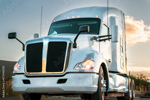 front of cargo trailer at sunset on a highway in Mexico. Transportation concept