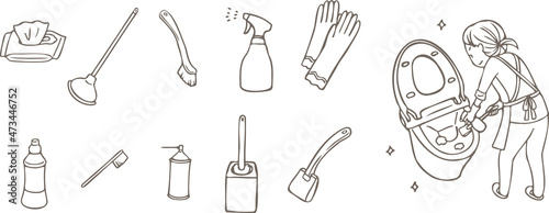 トイレを掃除する女性とトイレ掃除用具の線画イラストセット