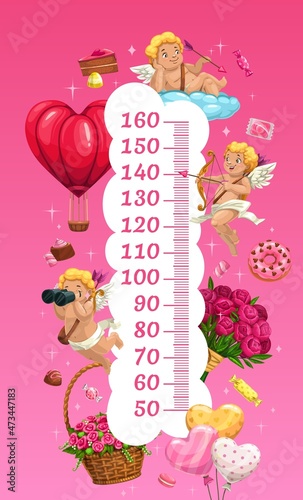 Kids height chart with cupids and gifts growth meter. Vector wall sticker with Valentines day sweets, balloons, flowers and holiday items. Child height measurement scale with funny cartoon characters