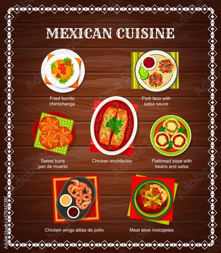 Mexican food menu, Mexico cuisine dishes and salsa for tacos and burritos, vector. Mexican cuisine restaurant menu of traditional food meals, meat stew, fried chicken chimichanga and sweet buns