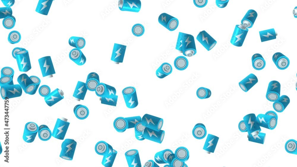 Many blue batteries floating in air on white background. Symbol of power and energy. Lightning illustration. Business concept. Loop animation. Many blue batteries floating in air on white background. Symbol of power and energy. Lightning illustration. Business concept. Loop animation.