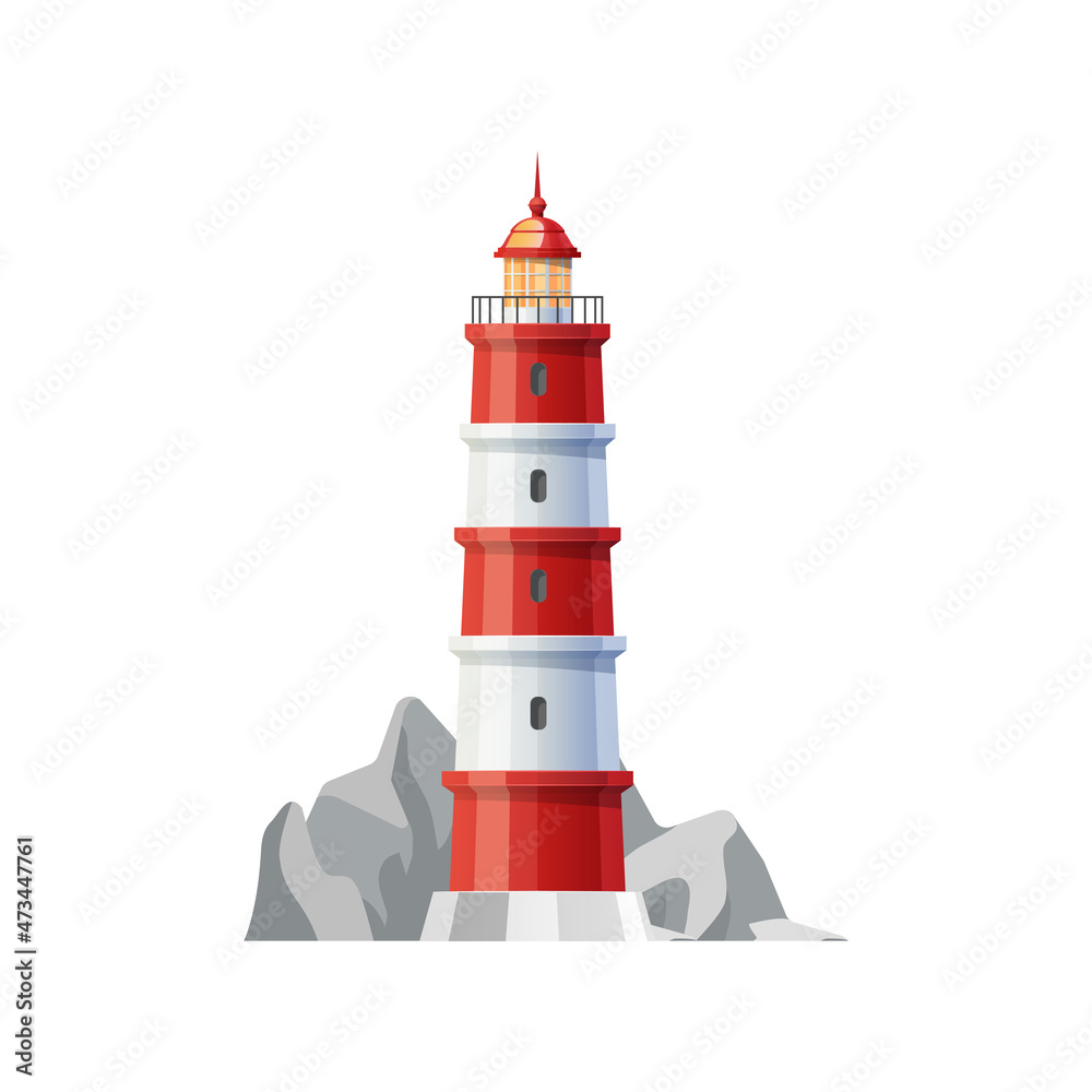 Sea lighthouse on rocky coast or shore icon. Lighthouse painted in red and white stripes on ocean shore with rocks. Sailing safety light, cartoon vector old navigational or port building with lantern