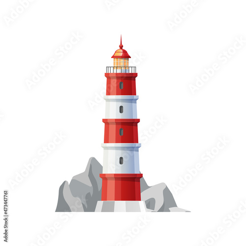 Sea lighthouse on rocky coast or shore icon. Lighthouse painted in red and white stripes on ocean shore with rocks. Sailing safety light, cartoon vector old navigational or port building with lantern