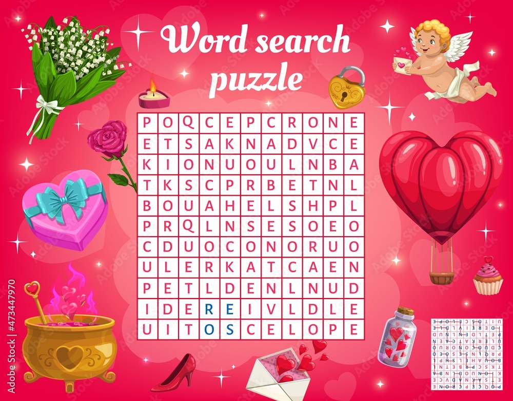 Word search puzzle game vector worksheet with Valentine holiday Cupid,  hearts and gift, cupcake, flowers, magic potion pot and hot air balloon.  Kids quiz grid of children educational activity design Stock Vector