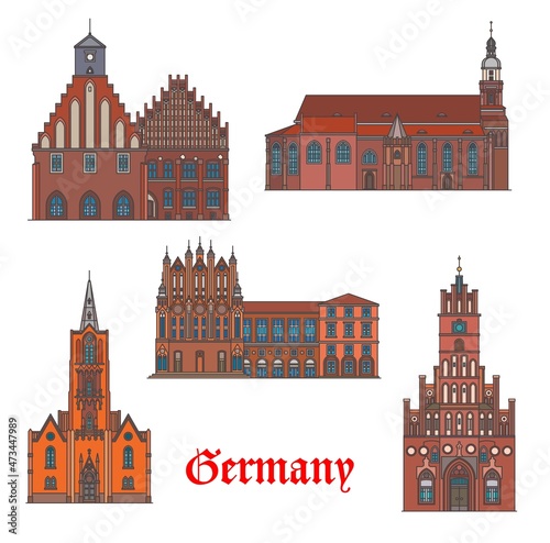 Germany architecture buildings, cathedrals and churches of Frankfurt Oder, vector. German landmarks Sankt Gertraud Kirche, Branderbrug Rathaus, Zinna monastery in Juteborg and Oberkirche in Cottbus