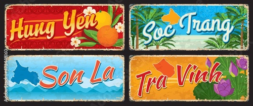 Hung Yen, Soc Trang, Tra Vinh and Son La vietnamese regions vector vintage cards and travel stickers. Vietnam provinces tin signs or luggage tags and metal plates with city landmarks and maps