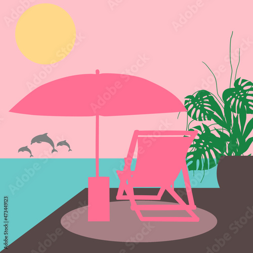 Travel vector illustration with seascape and playing dolphins on the sea, umbrella with lounger and monstera in the pot on a beach at sunset time in digital flat technique