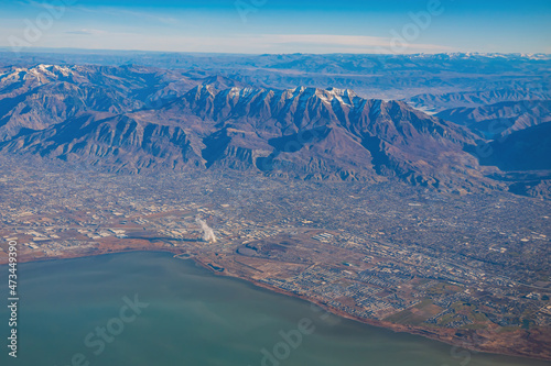 Aerial view of the Utah Lake and city around photo