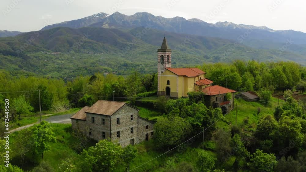 Aerial Religious Structure On Green Hill, Drone Flying Forward Over Landscape - Apennine Mountains, Italy Aerial Religious Structure On Green Hill, Drone Flying Forward Over Landscape - Apennine Mountains, Italy
