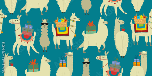 Cute alpaca character. Funny llamas family with luggage. Seamless pattern for your design